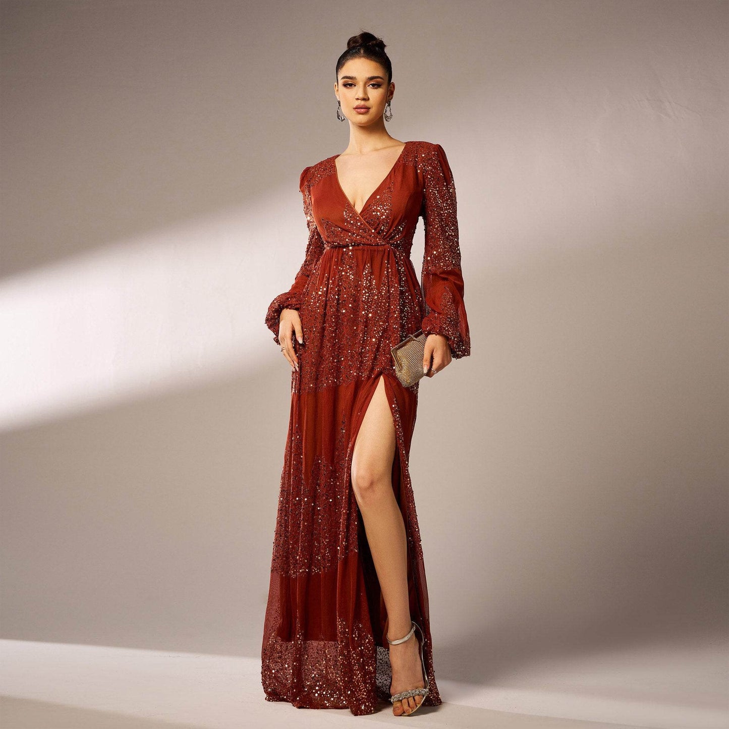 Elegant Long Sleeve V-Neck Sequined Evening Dress - Stylish for Special Occasions - Buy Center