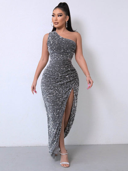 Buycenter Women's Sleeveless One Shoulder Dress - Sequins & Gorgeous Slit - Buy Center