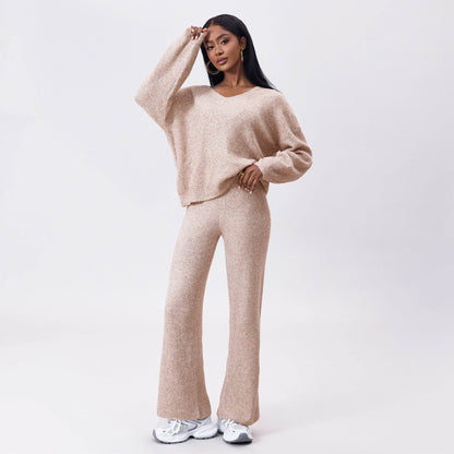 Stylish Knitted Sunken Stripe Long Sleeve Suit - Versatile Two-Piece Set - Buy Center