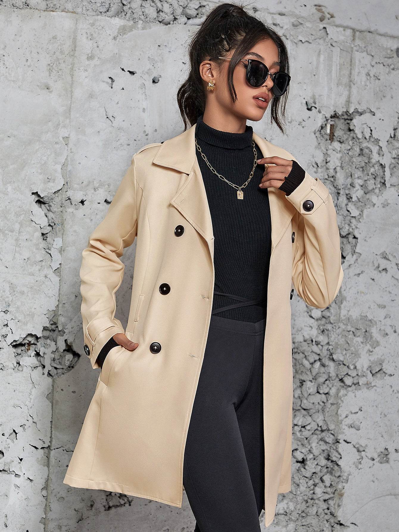Women's Mid-Length Trench Coat - Elegant Apricot Design, British Style - Buy Center
