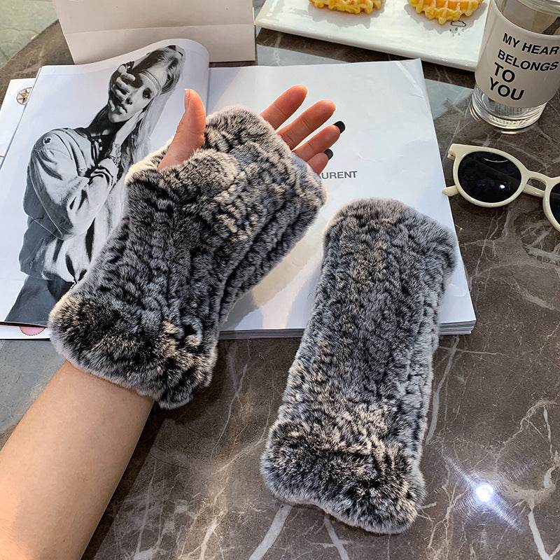 Sweet Warm Rex Rabbit Fur Gloves - Cozy Half Finger Design for Winter - Buy Center