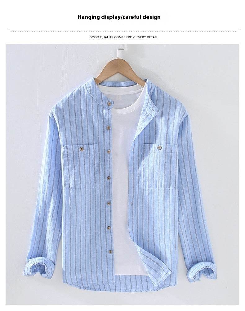 Striped Chinese Style Blouse - Elegant Stand Collar, Long Sleeve Cotton Linen - Buy Center