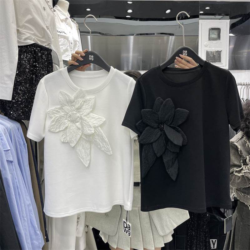 Stylish Three-Dimensional Flower T-Shirt for Women - Short Sleeve Elegance - Buy Center