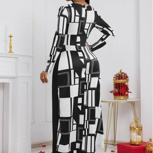 Buycenter Ladies' Geometric Pattern Jumpsuit - Elegant Long Sleeves for Fall - Buy Center