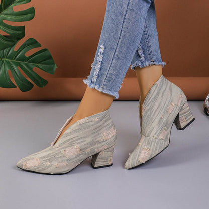 Buycenter Women's V Cut Denim Booties - Chunky Mid Heel, Pointed Toe - Buy Center