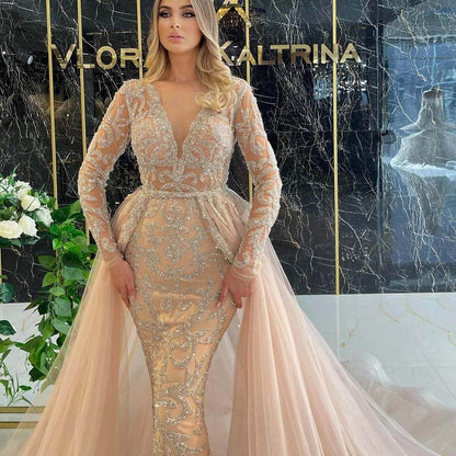 Elegant French Long-Sleeved Wedding Dress - V-Neck, Dramatic Tail - Buy Center