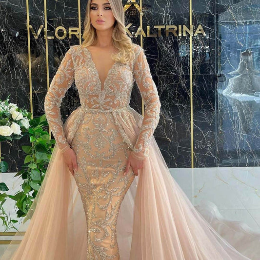 Elegant French Long-Sleeved Wedding Dress - V-Neck, Dramatic Tail - Buy Center