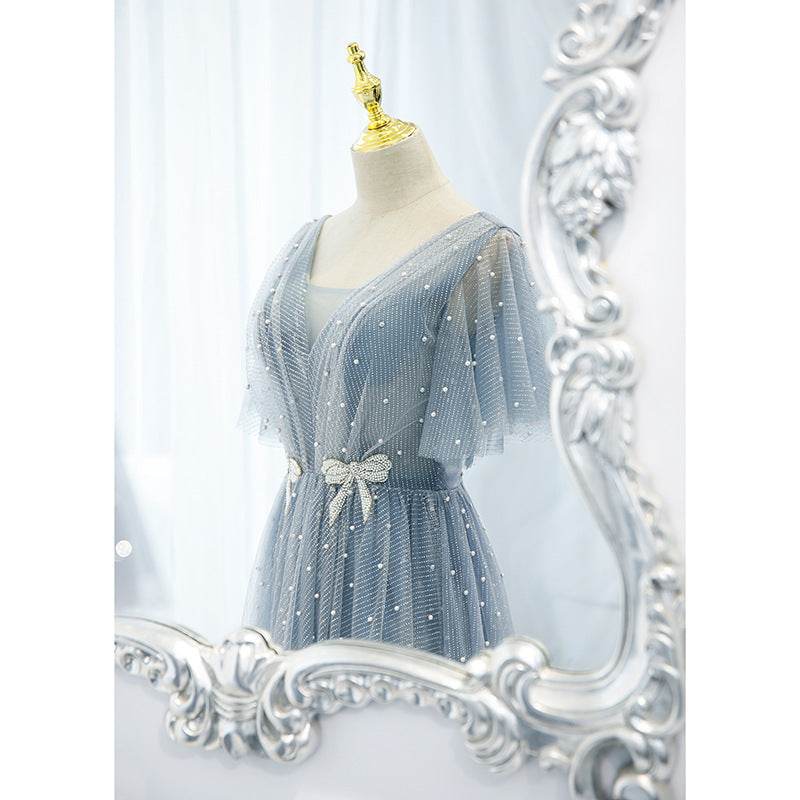 Elegant V-Neck Evening Dress for Women - A-Line High Waist Design - Buy Center