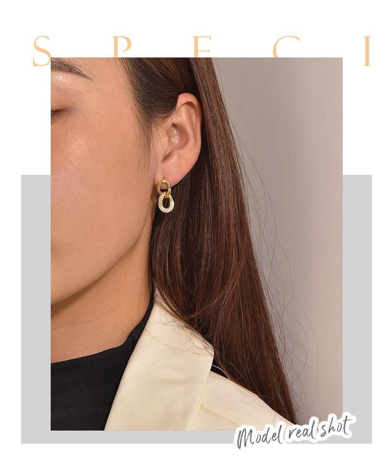 Retro Double Ring Stud Earrings - 18K Gold & Micro Inlaid Zirconium - Buy Center