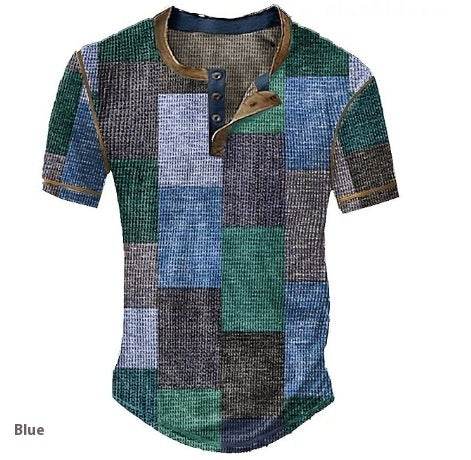 Men's Waffle Henley Shirt - Trendy Graphic Plaid Color Block Style - Buy Center