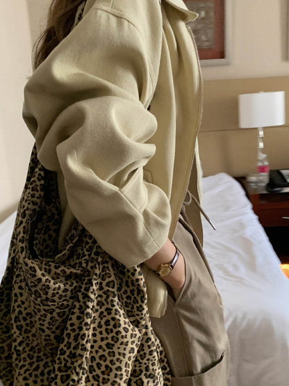 Casual Khaki Zipper Coat - Stylish Slimming Fit with Lapel Design - Buy Center