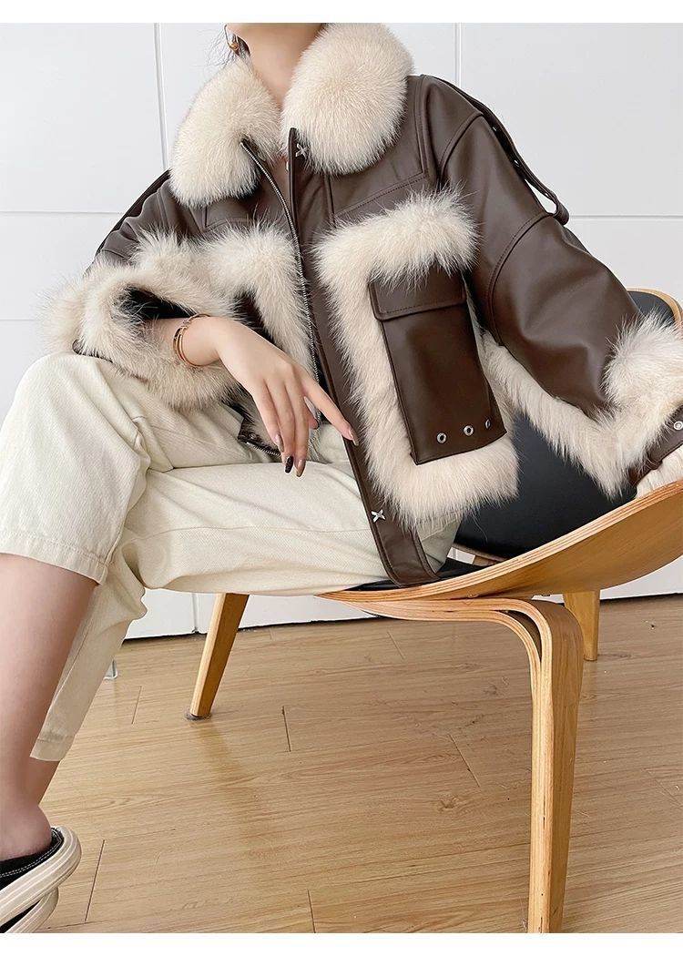 Sense Fox Fur Stitching Leather Coat - Retro Elegant Women's Outerwear - Buy Center