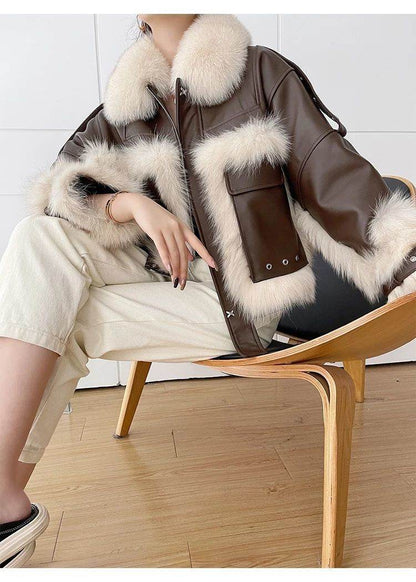 Sense Fox Fur Stitching Leather Coat - Retro Elegant Women's Outerwear - Buy Center