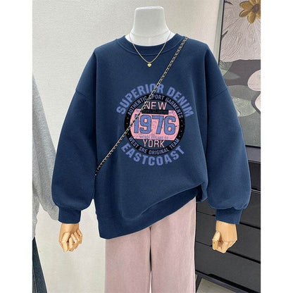 Retro Loose Round Neck Hoodie for Women - Cartoon Design & Long Sleeve - Buy Center