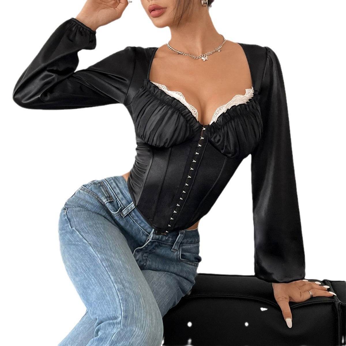 Buycenter See-Through Mesh Lace Top - Slim Fit Long-Sleeved Blouse - Buy Center