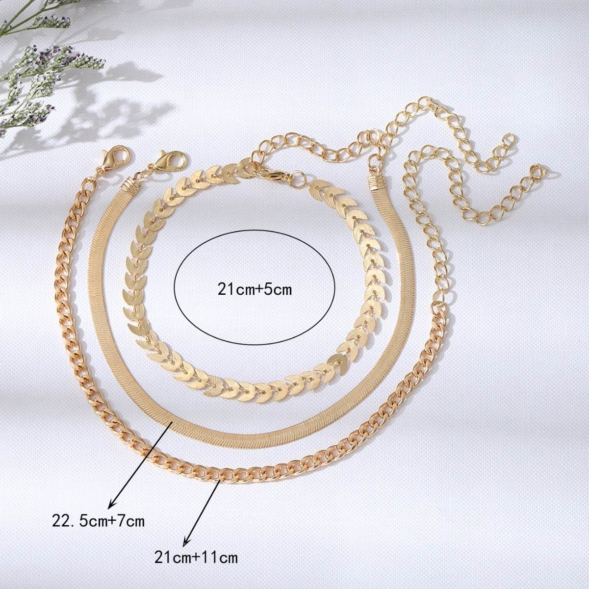 Buy Center Three-Piece Flat Snake Wheat Chain Anklet Set for Women - Buy Center