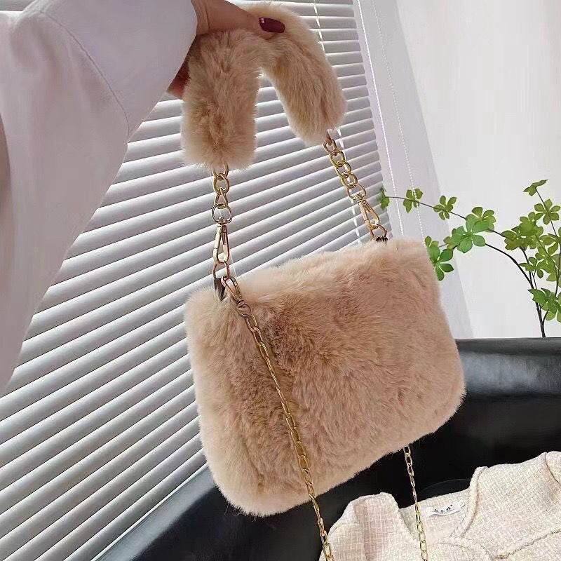 Pearl Chain Plush Bag - Stylish Clutch for Women in Milky White & Khaki - Buy Center