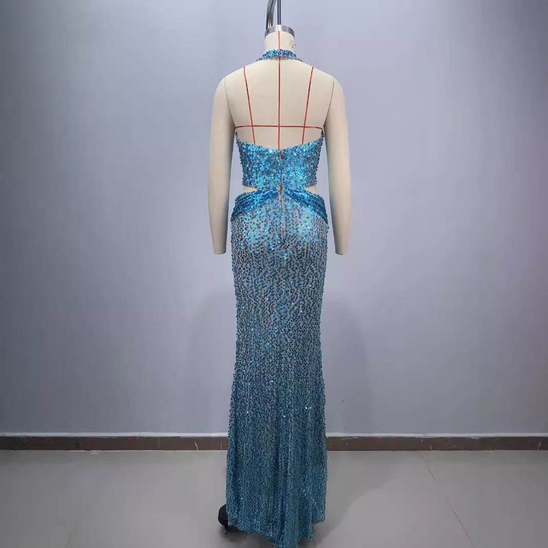 Sky Blue Halter Evening Dress - Deep V-Neck, Slimming Silhouette - Buy Center