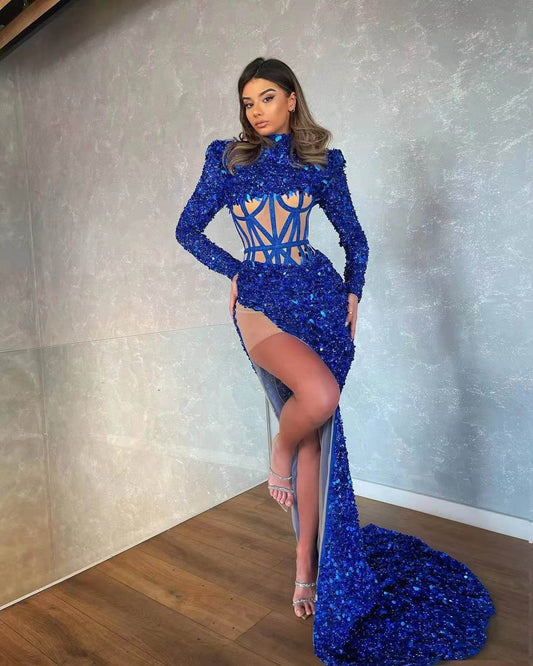 Buycenter Blue Sequin See-through Dress with High Slit - Elegant Evening Style - Buy Center