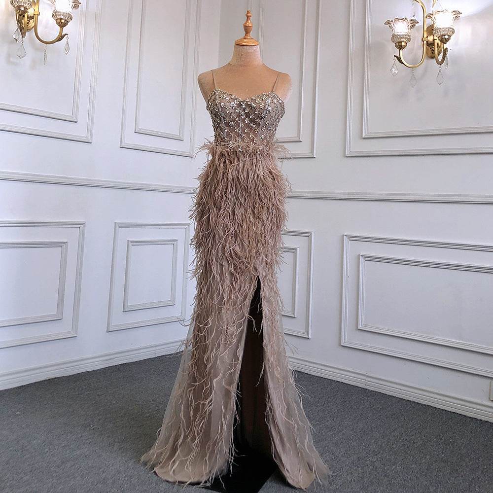 Feather Slim-Fit Evening Dress - Elegant Formal Wear for Parties & Banquets - Buy Center