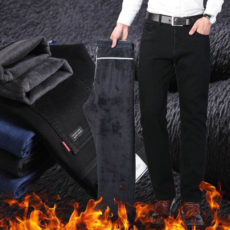 Buycenter Men's Winter Black Jeans - Fleece-Lined & Thickened Comfort - Buy Center
