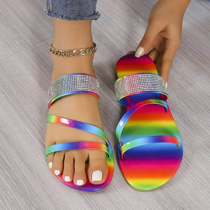 Buycenter Rhinestone Flat Slippers - Round Toe, Lightweight Casual Style - Buy Center