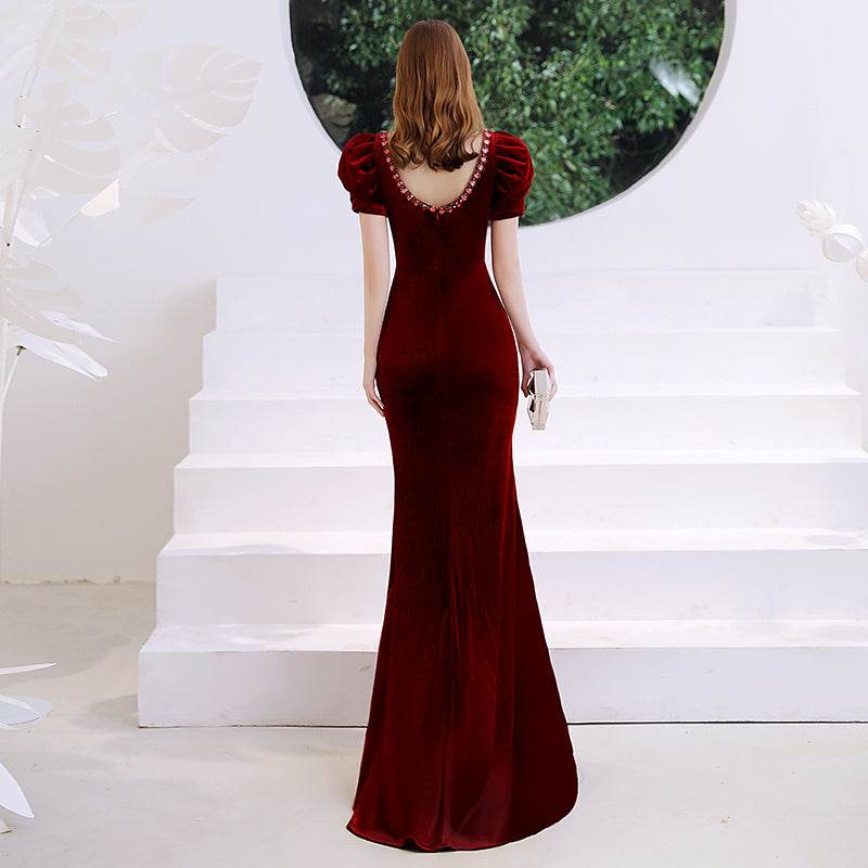 Buycenter Wine Red Fishtail Evening Dress - Elegant Deep V-Neck Style - Buy Center