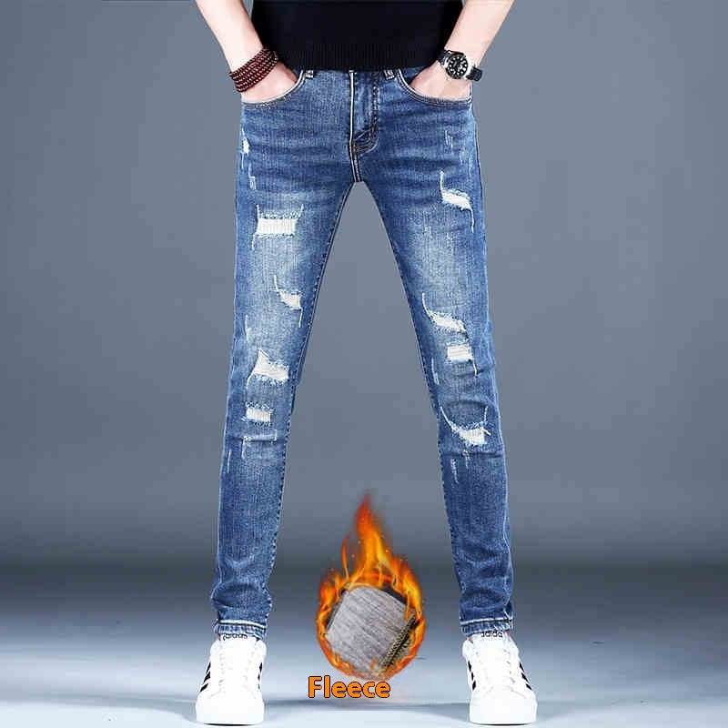 Ripped Fleece Padded Jeans for Men - Stretch Slim-Fit Casual Style - Buy Center