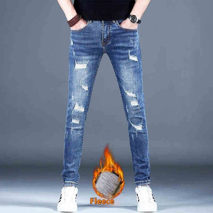 Ripped Fleece Padded Jeans for Men - Stretch Slim-Fit Casual Style - Buy Center