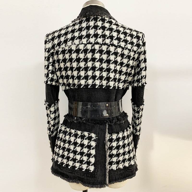 Buycenter Women's Tweed Houndstooth Denim Trench - Slim Fit Style - Buy Center