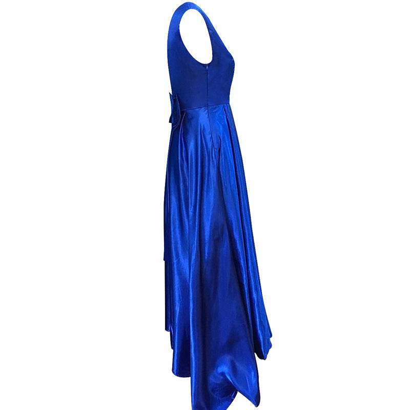 Deep V Neck Backless Satin Prom Dress - Elegant Bow Evening Gown - Buy Center