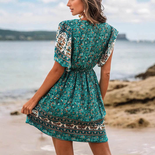 Buycenter Bohemian Green Rayon Dress - Floral High Waist Style - Buy Center
