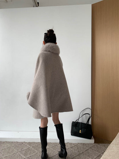 Buycenter Cape Fox Fur Collar Wavy Coat - Stylish Wool Blend Jacket - Buy Center