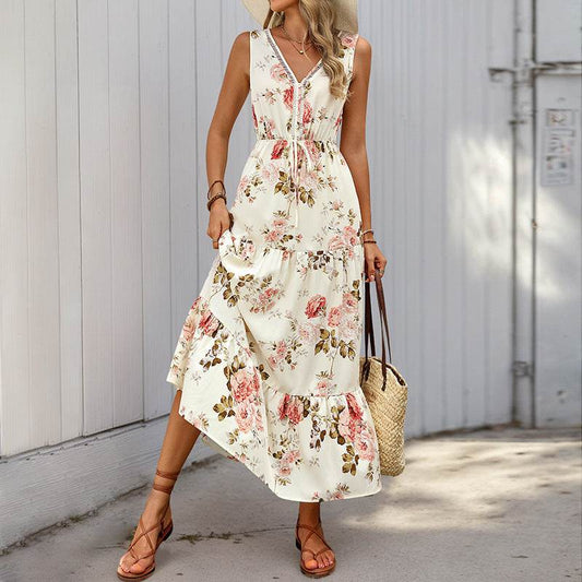 Buycenter V-neck Lace Stitching Dress - Elegant A-line Printed Design - Buy Center