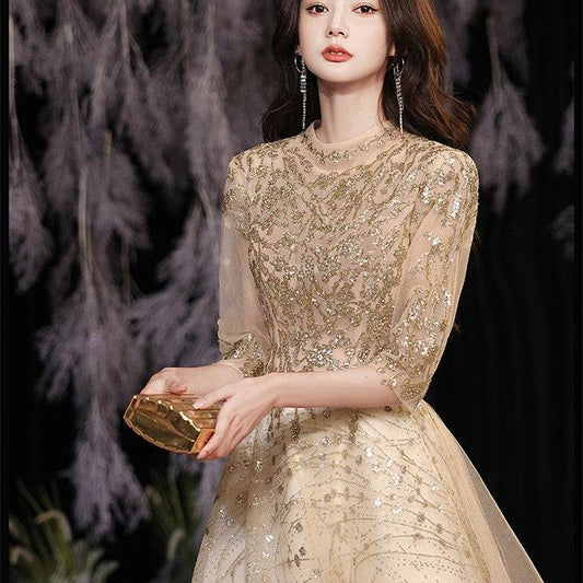 Buycenter Champagne Gold Evening Dress - Luxury Beaded Design, XS-3XL - Buy Center