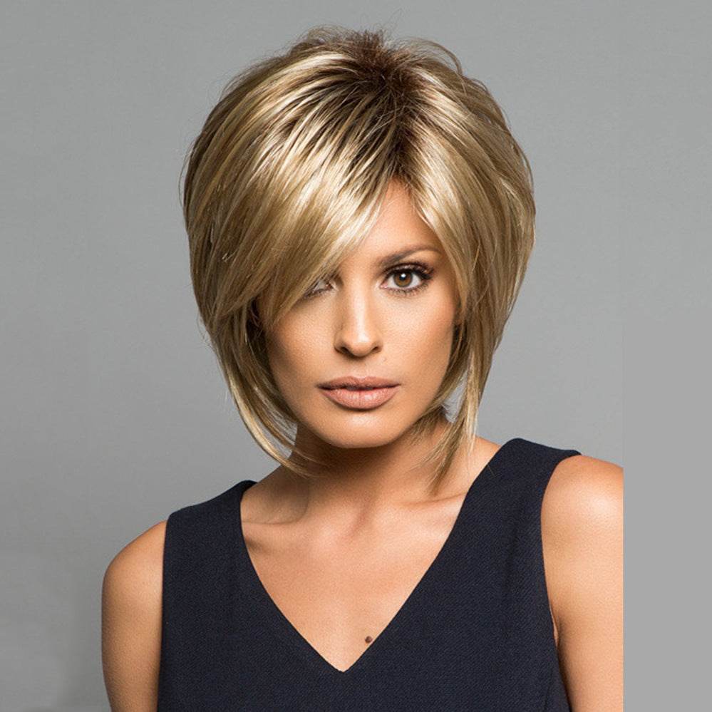Stunning Golden Wig Headgear - Human Hair with Elegant Oblique Bangs - Buy Center