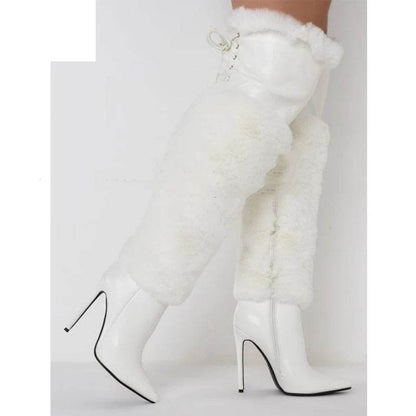 Buycenter Women's Over-the-Knee Stiletto Boots - Solid Color Plush Design - Buy Center