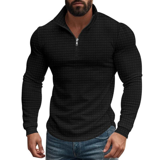 Buycenter Retro Long Sleeve Men's Sweater - Half Zipper, Plaid Design - Buy Center