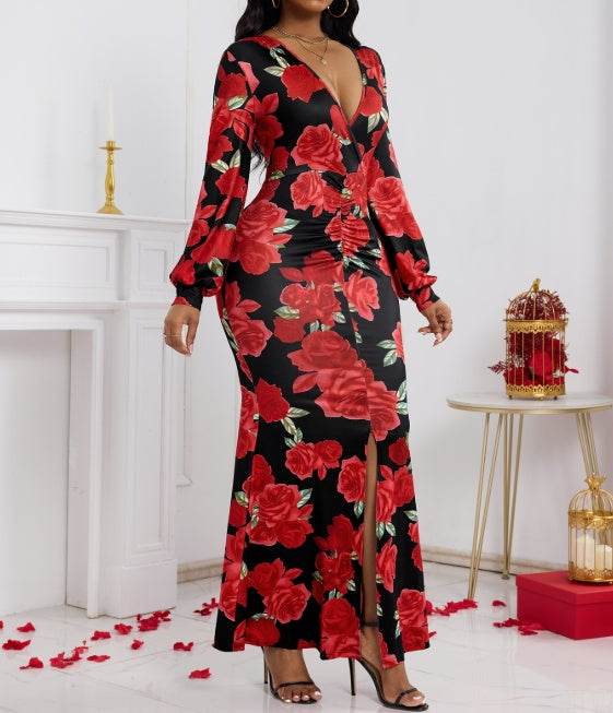 Ladies' V-neck Floral Dress - Trendy Hip Hugging Fit for Summer Style - Buy Center