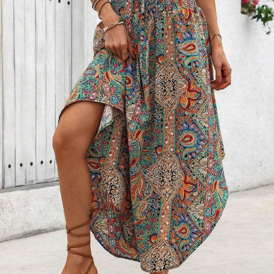 Buycenter Women's Asymmetrical Chevron Print Skirt - Dark Green Boho Style - Buy Center