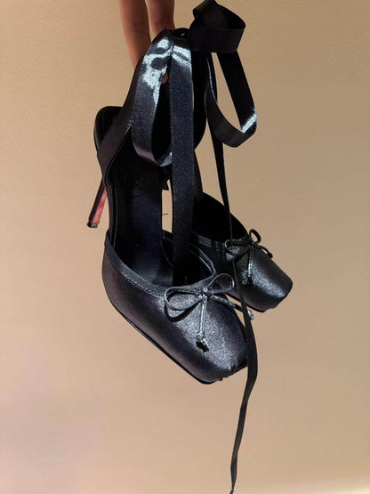 Buycenter Women's Trendy Leather Sole High Heels - Satin Ribbon Toe Cap - Buy Center