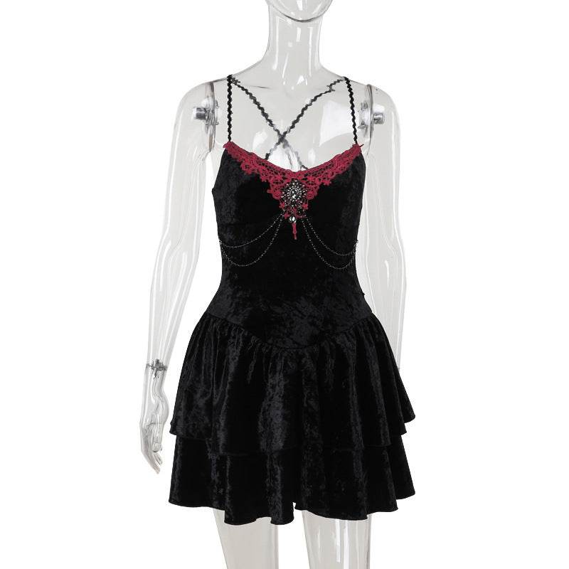 Elegant Velvet Spaghetti Strap Dress for Women - Slim Fit in Black - Buy Center