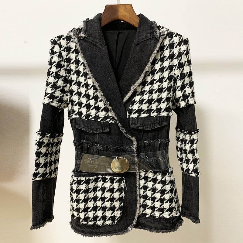 Buycenter Women's Tweed Houndstooth Denim Trench - Slim Fit Style - Buy Center