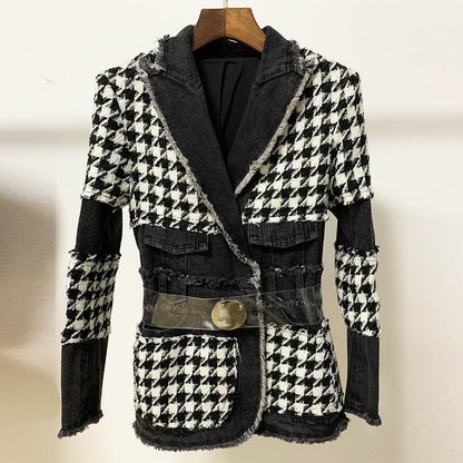 Buycenter Women's Tweed Houndstooth Denim Trench - Slim Fit Style - Buy Center