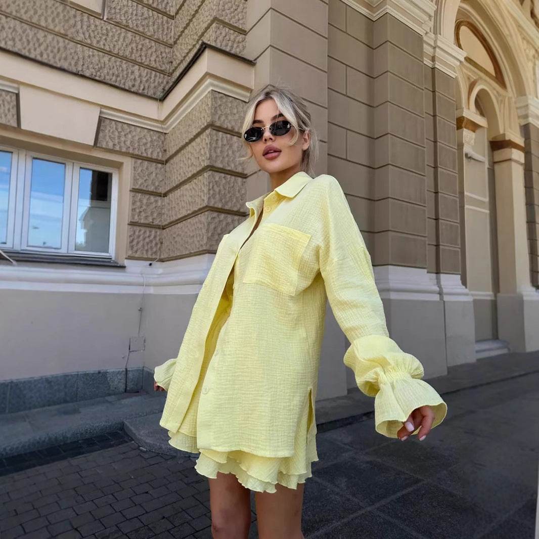 Ruffled Long Sleeve Shirt & Casual Shorts Set - Premium Cotton in Colors - Buy Center