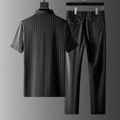 Men's Ice Silk Stripes Casual Suit - Trendy Short Sleeve Trousers Set - Buy Center