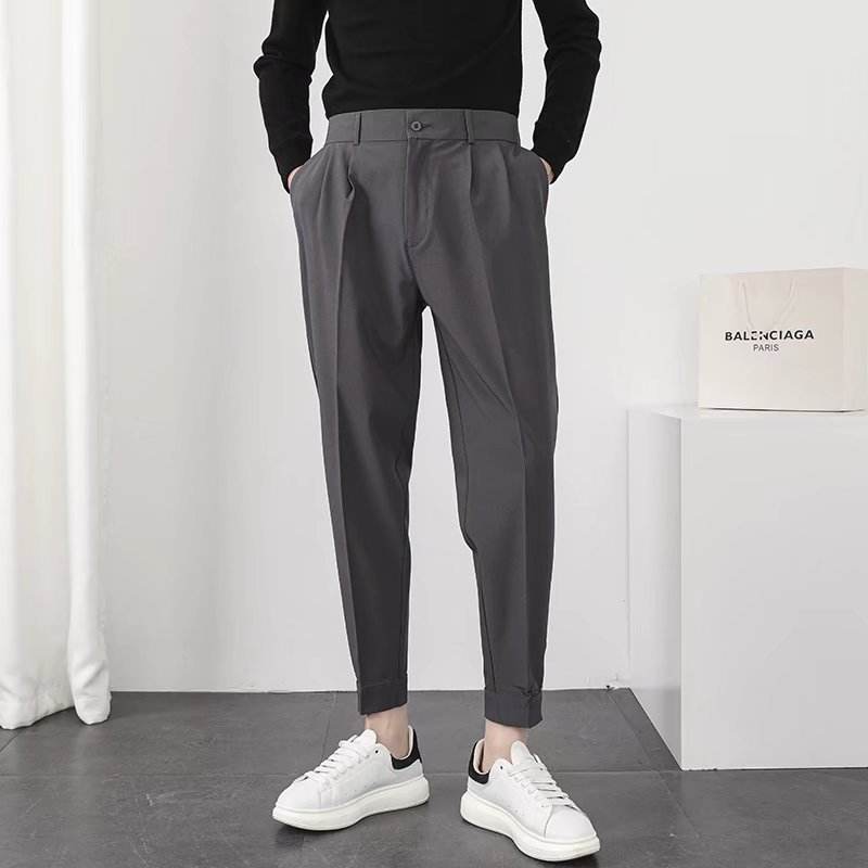 Solid Casual Men's Trousers - Velcro Cuffs, Straight Tube Design - Buy Center