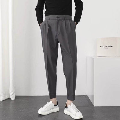 Solid Casual Men's Trousers - Velcro Cuffs, Straight Tube Design - Buy Center