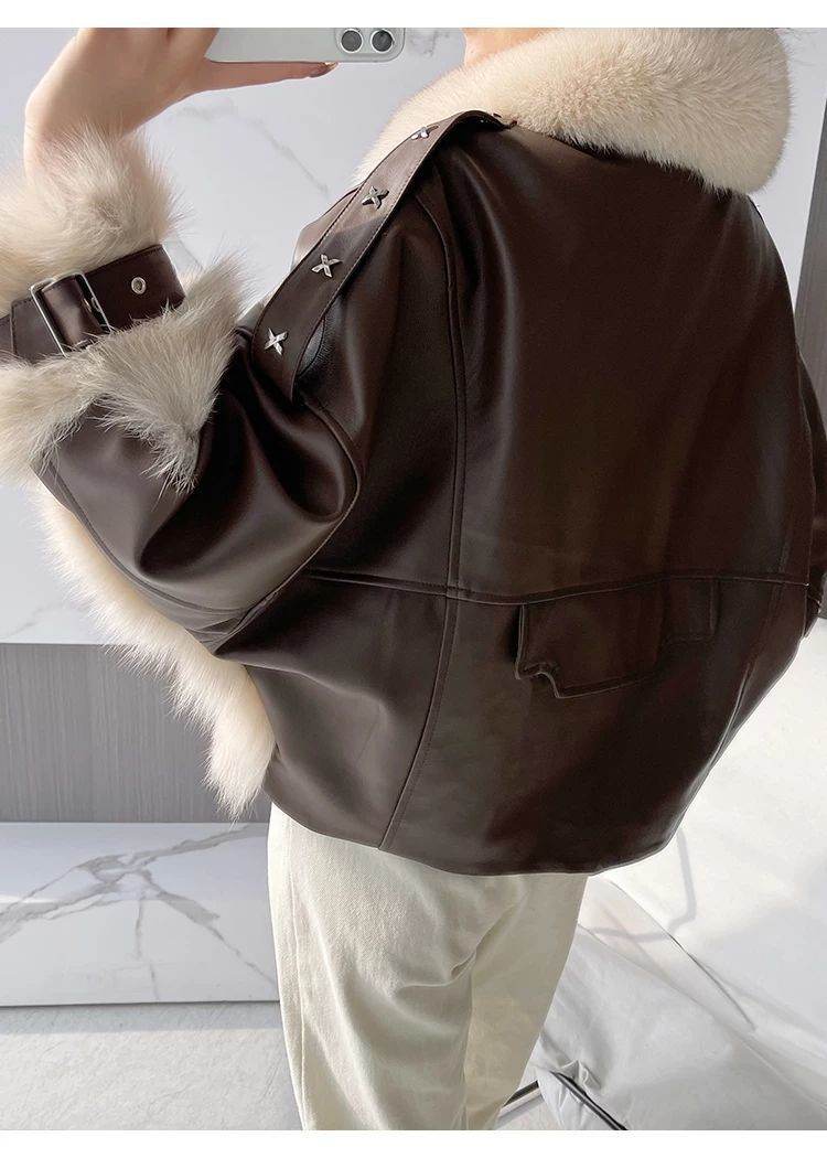 Sense Fox Fur Stitching Leather Coat - Retro Elegant Women's Outerwear - Buy Center
