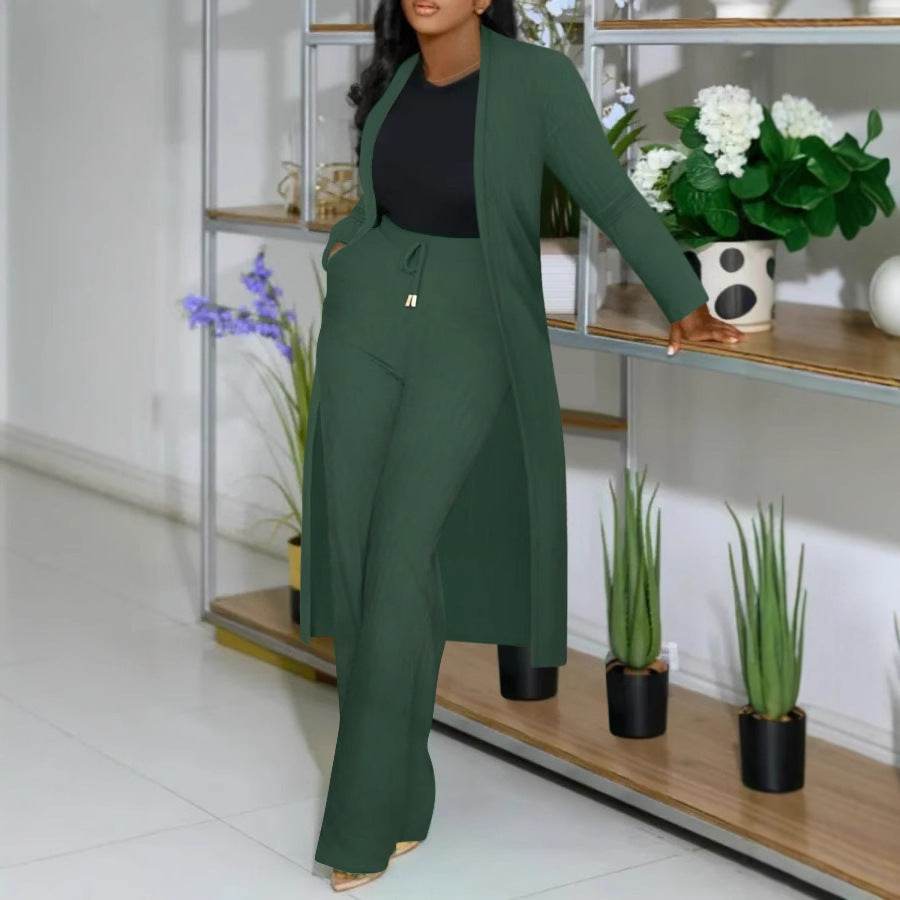 BuyCenter Stylish Two-Piece Set - Long Cardigan & Stripe Wide Leg Pants - Buy Center